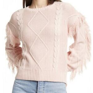 KIKIT NWT Pink Cable Knit Fringe Sleeve Trim Crew Neck Sweater Size L Rib Trim
